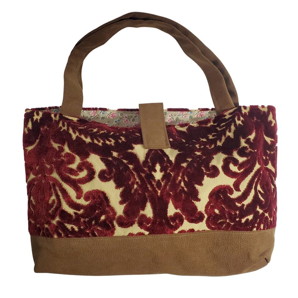 Handmade Purse Boho Victorian Style Velour Purse Maroon Brown and Floral